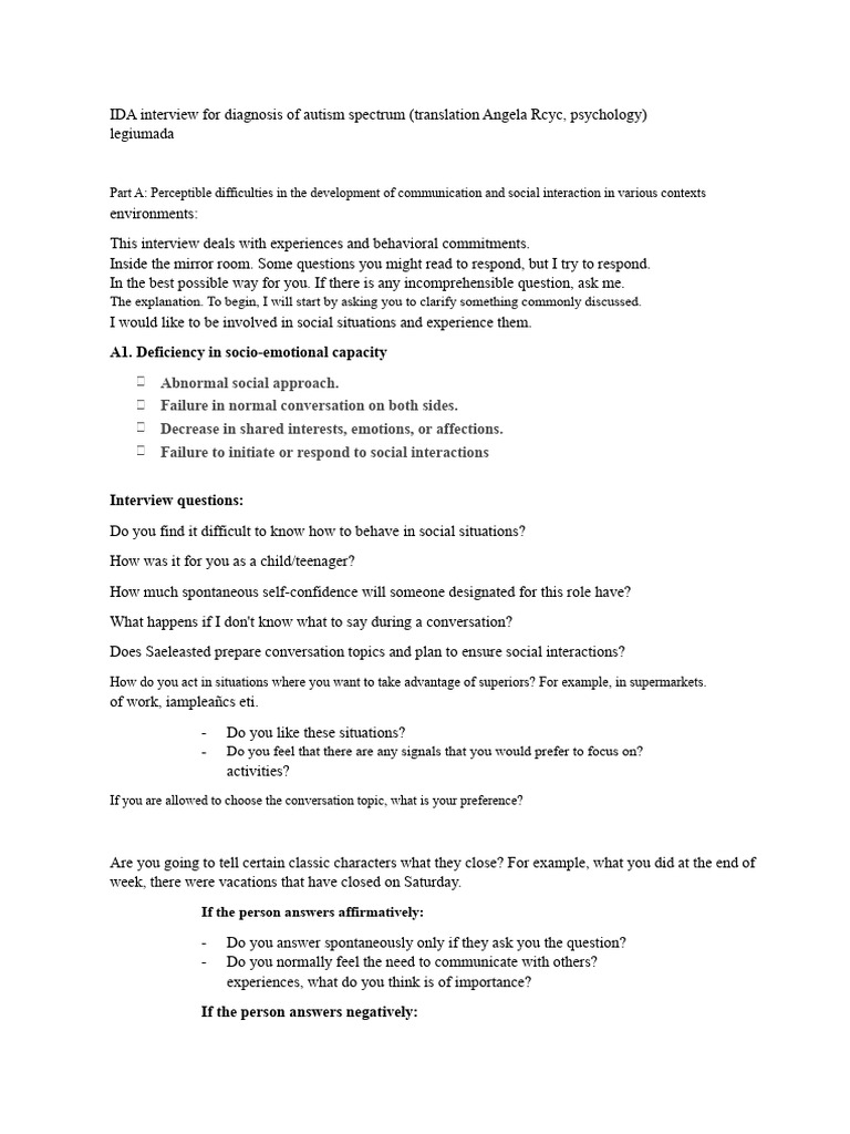 IDA Autism Diagnosis Interview Guide | PDF | Autism | Nonverbal ...