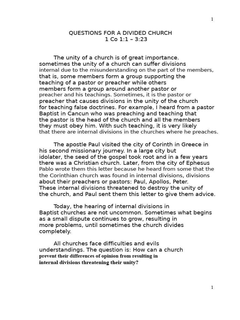 Questions For A Divided Church. 1cor 1-3 05 | PDF | Christian Church ...