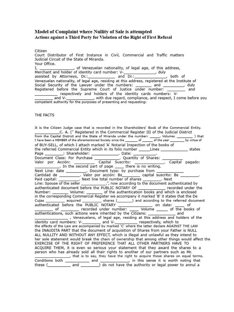 Nullity of Sale Complaint Model | PDF | Annulment | Complaint