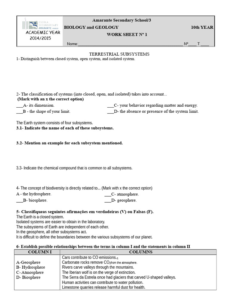 Terrestrial Subsystems Worksheet 10th Year | PDF | Earth Sciences | System