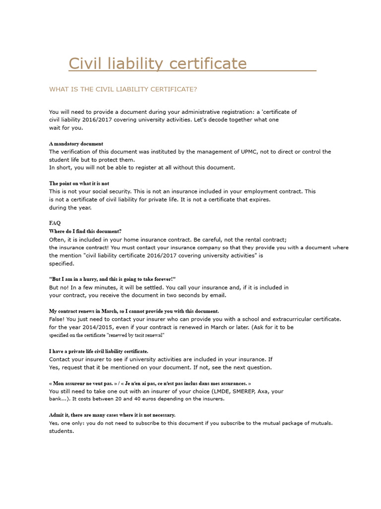 Civil Liability Certificate | PDF
