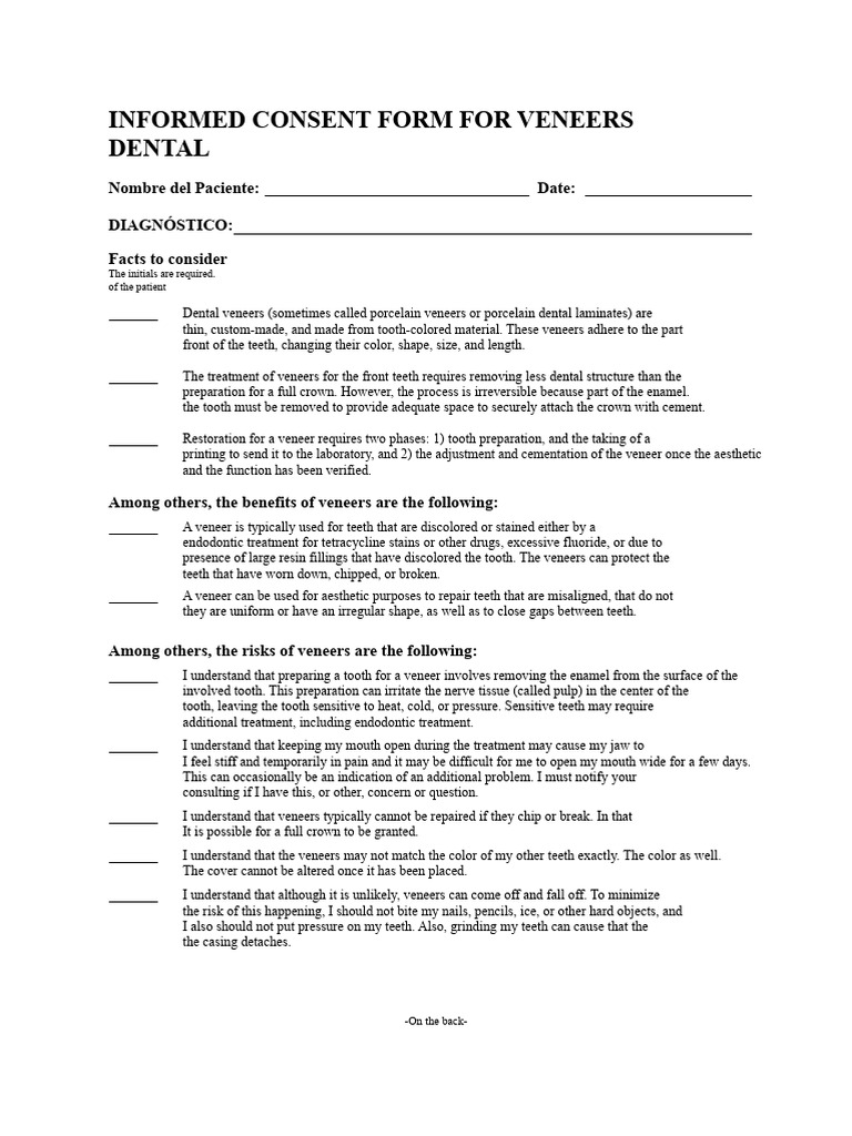 Informed Consent Dental Veneers | PDF | Dentistry Branches | Dentistry
