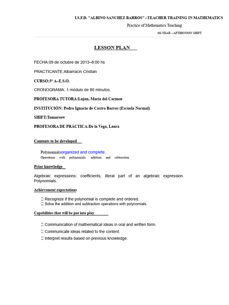 Lesson Plan - Addition and Subtraction of Polynomials - Cristian ...