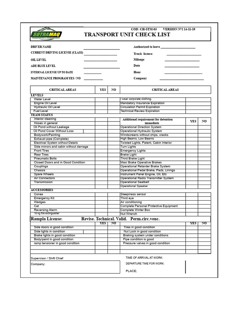 Transport Unit Checklist Template | PDF | Brake | Truck