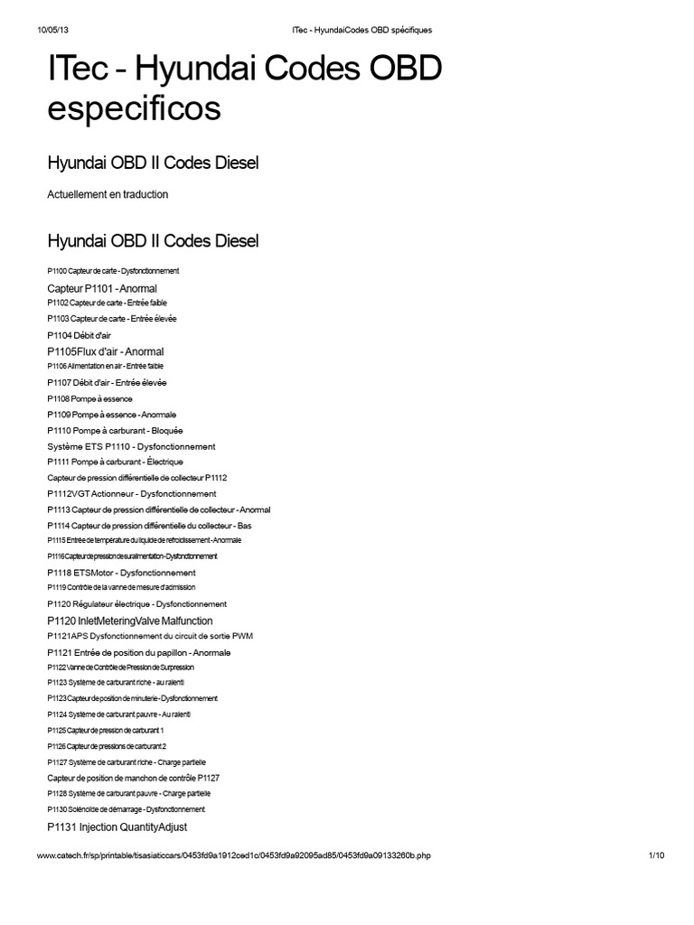 Codes OBD II Spécifiques Hyundai | PDF | Allumage | Injection (moteur)