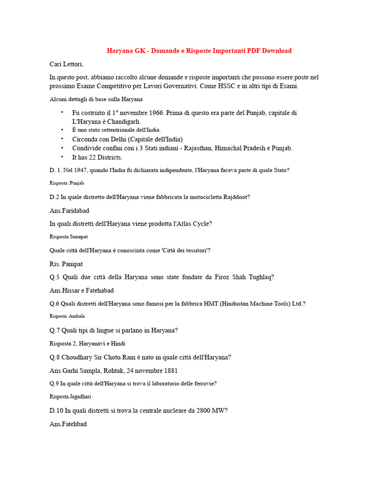 Haryana GK - Domande e Risposte Importanti | PDF