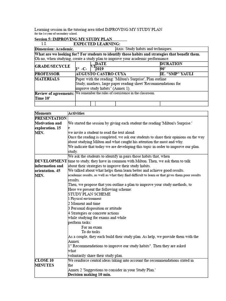 Improving My Study Plan for 1st Year of Secondary School | PDF ...