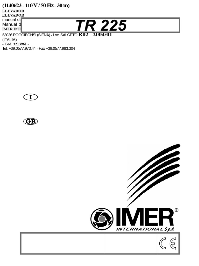 Manual do Elevador IMER TR 225 | PDF | Guindaste (máquina) | Eletricidade