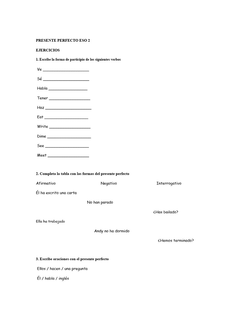 Ejercicios de Presente Perfecto ESO 2 | PDF