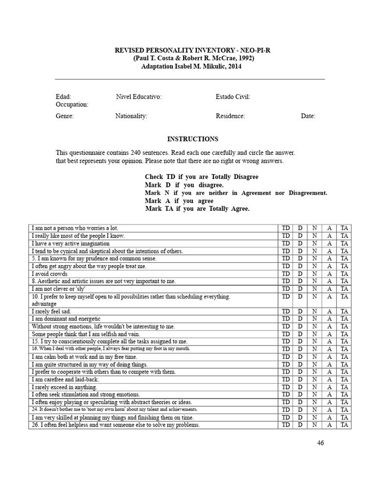 NEO-PI-R Revised Personality Inventory | PDF | Psychological Concepts ...