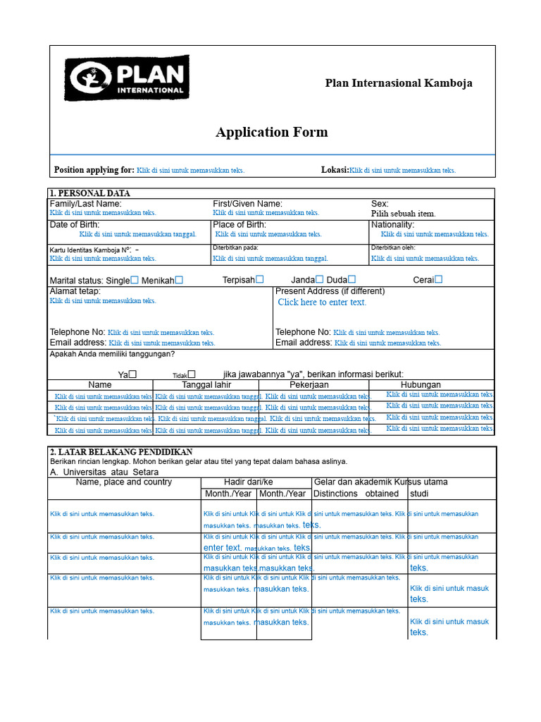 Application Form: Plan Internasional Kamboja | PDF