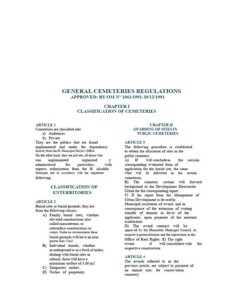 Cemetery Regulations and Classifications | PDF | Cemetery | Cremation