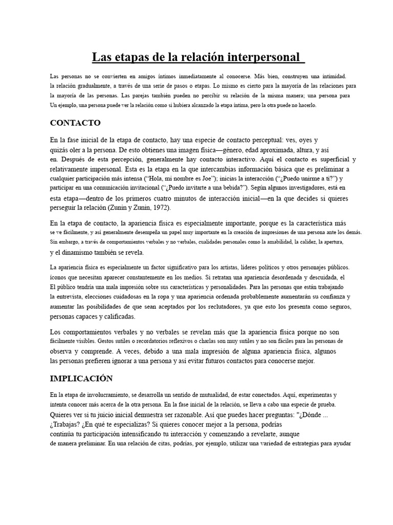 Etapas de las relaciones interpersonales | PDF | Comunicación | Soledad