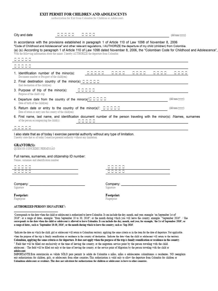 Exit Permit for Minors from Colombia | PDF | Identity Document ...