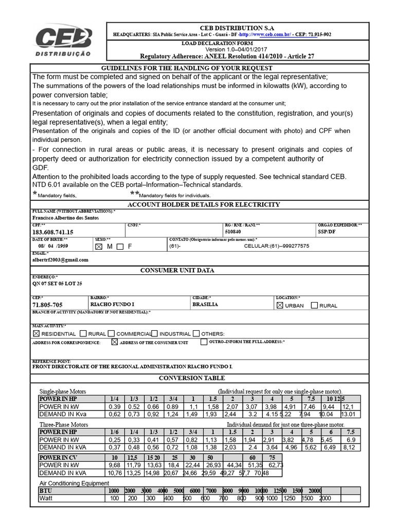 CEB Load Declaration Form Guide | PDF | Power (Physics) | Electricity