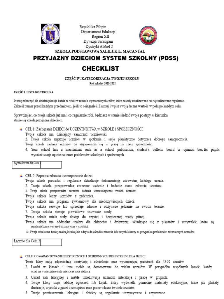 System Szkoły Przyjaznej Dzieciom Cfss Lista Kontrolna | PDF