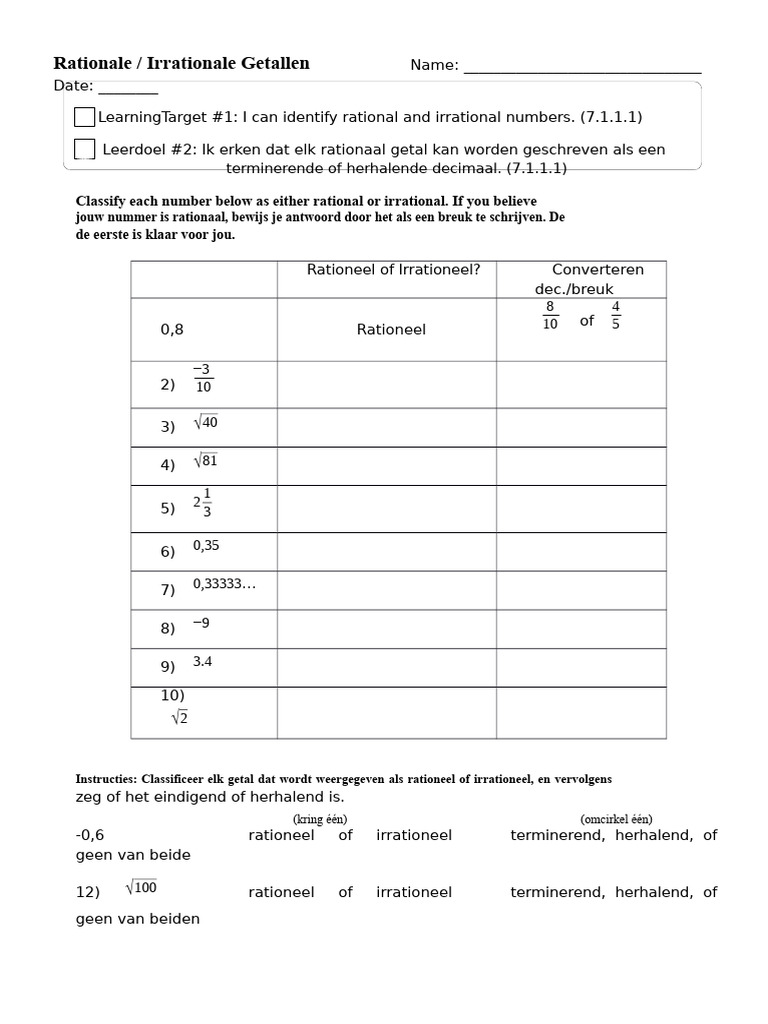 Werkblad Voor Het Classificeren Van Rationale en Irrationale Getallen | PDF