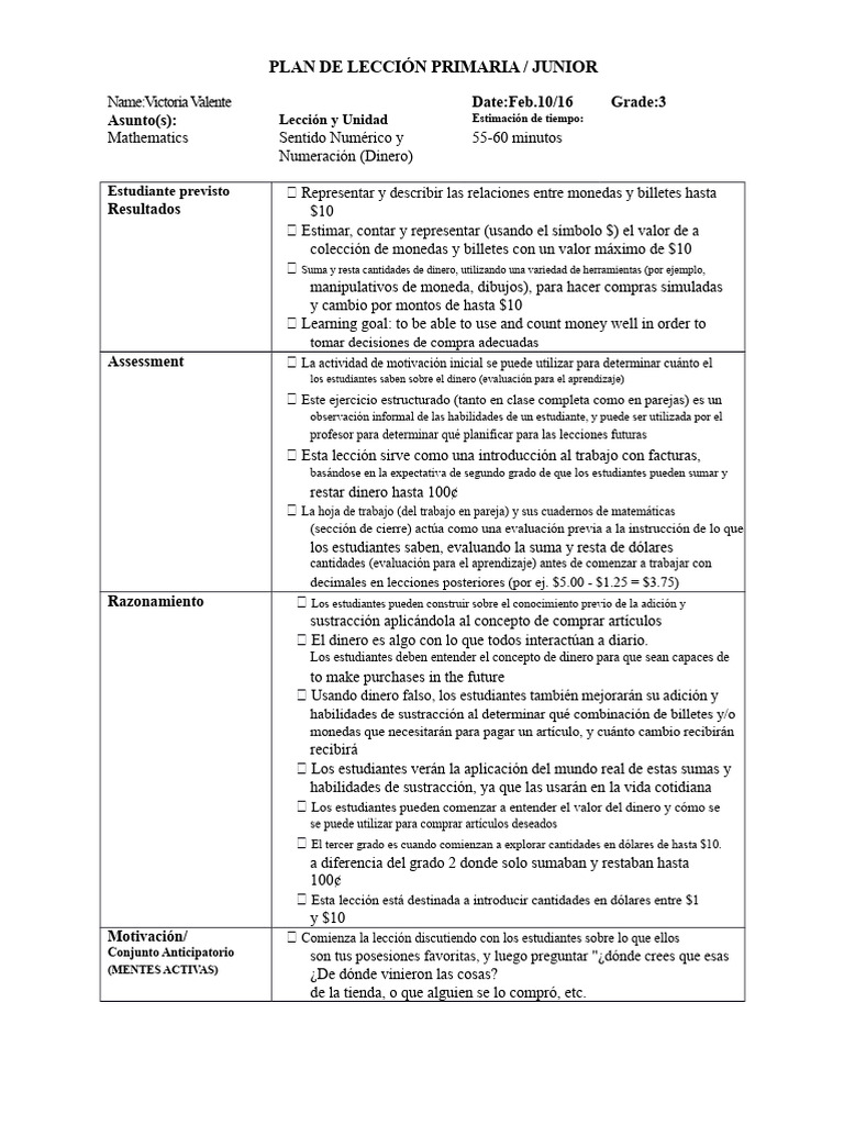 Plan de Lección de Tercer Grado Seminario de Enseñanza | PDF | Dinero