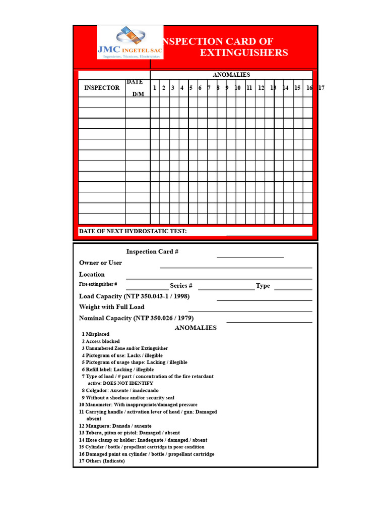 Fire Extinguisher Inspection Anomalies Card | PDF | Equipment | Firearms