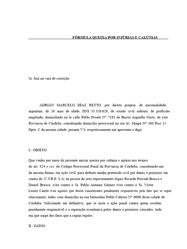 Queixa por Calúnia e Injúria em Córdoba | PDF | Difamação | Justiça