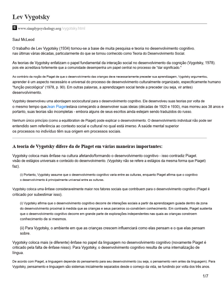 Teoria Sociocultural de Vygotsky | PDF | Aprendizado | Sociologia