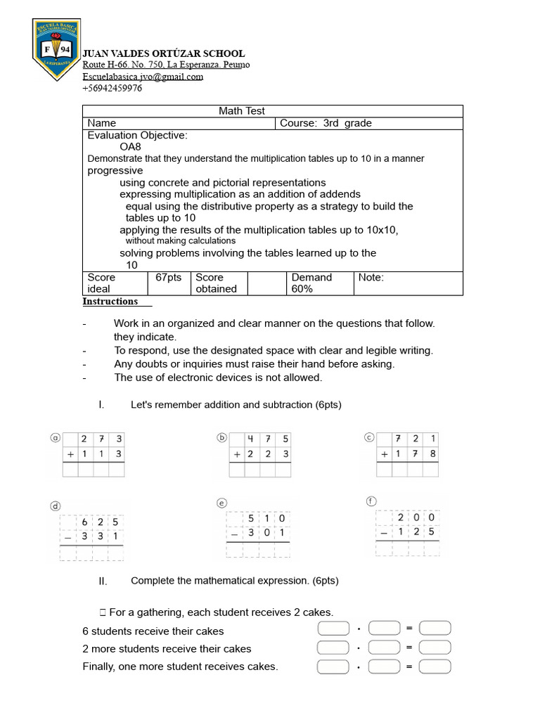 3rd Grade Math Test: Multiplication Skills | PDF | Mathematics