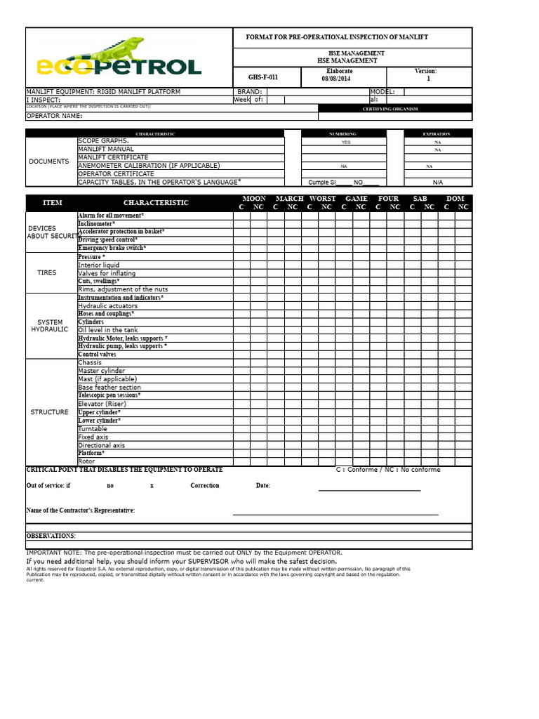 GHS-F-011 Pre-Operational Inspection of Manlift - V1. | PDF | Valve ...