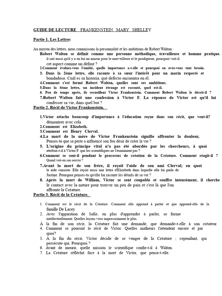 Analyse des personnages de Frankenstein | PDF | Frankenstein | Fiction ...