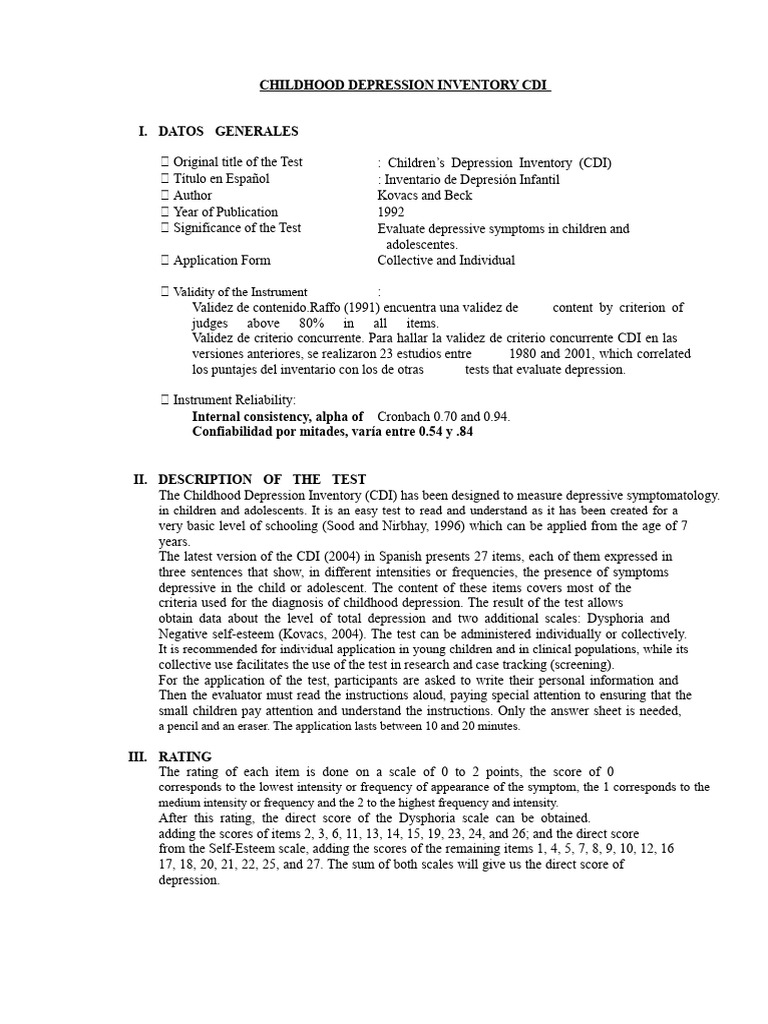 Childhood Depression Inventory Overview | PDF | Behavioural Sciences ...