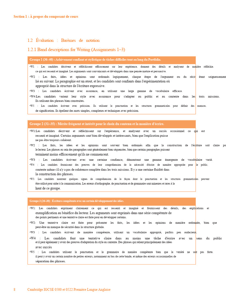 Barèmes de notation pour l'écriture IGCSE | PDF | Phrase | Grammaire