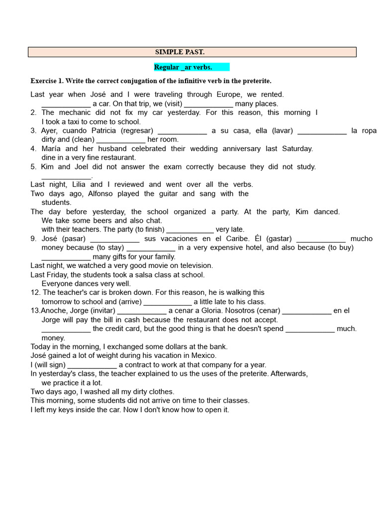 Simple Past Exercises for Regular Verbs | PDF | Linguistics | Syntax