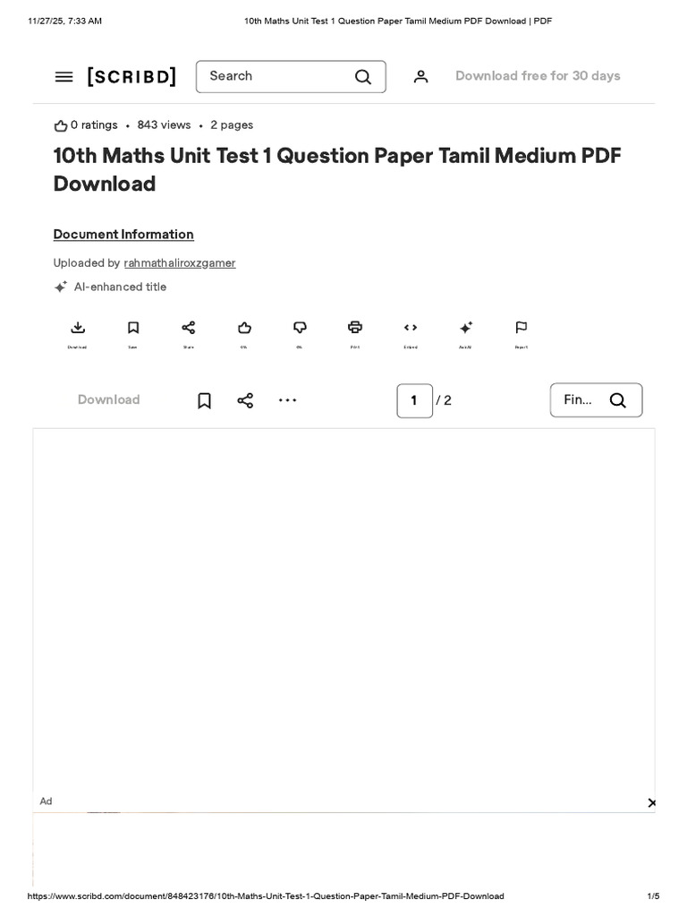 10th Maths Unit Test 1 Question Paper Tamil Medium PDF Download - PDF ...