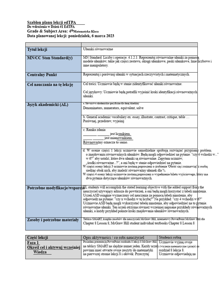 Plany Lekcji edTPA | PDF