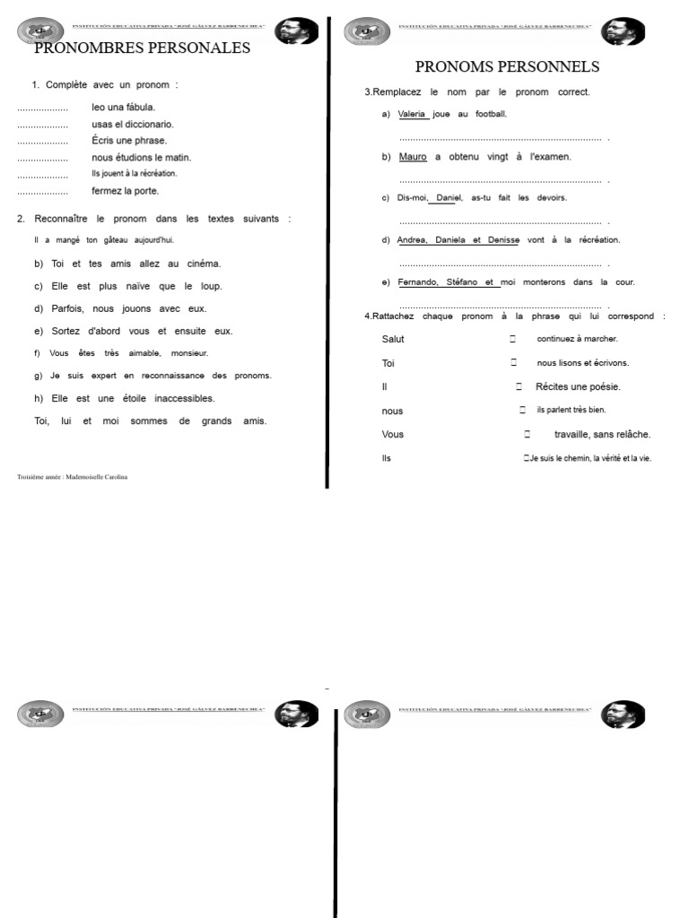 Exercices sur les pronoms personnels | PDF | Linguistique