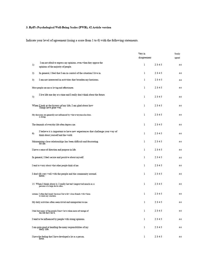 Ryff's PWB Scales: Agreement Survey | PDF | Social Psychology ...