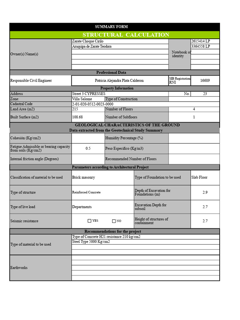 Structural Calculation Form | PDF | Foundation (Engineering) | Building ...