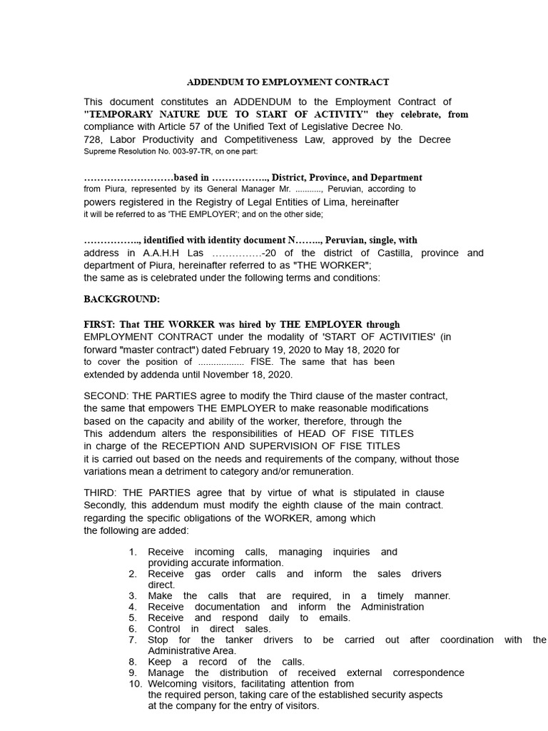Addendum To Contract | PDF | Employment | Addendum