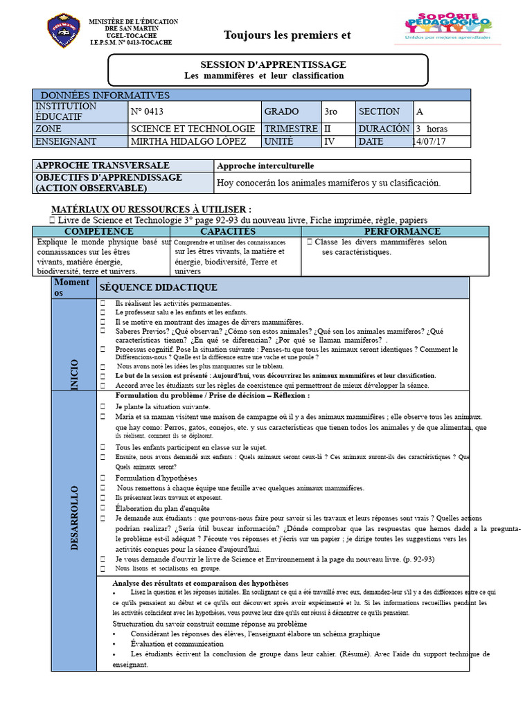 Classification des Mammifères en Classe PDF La nature Science — free download