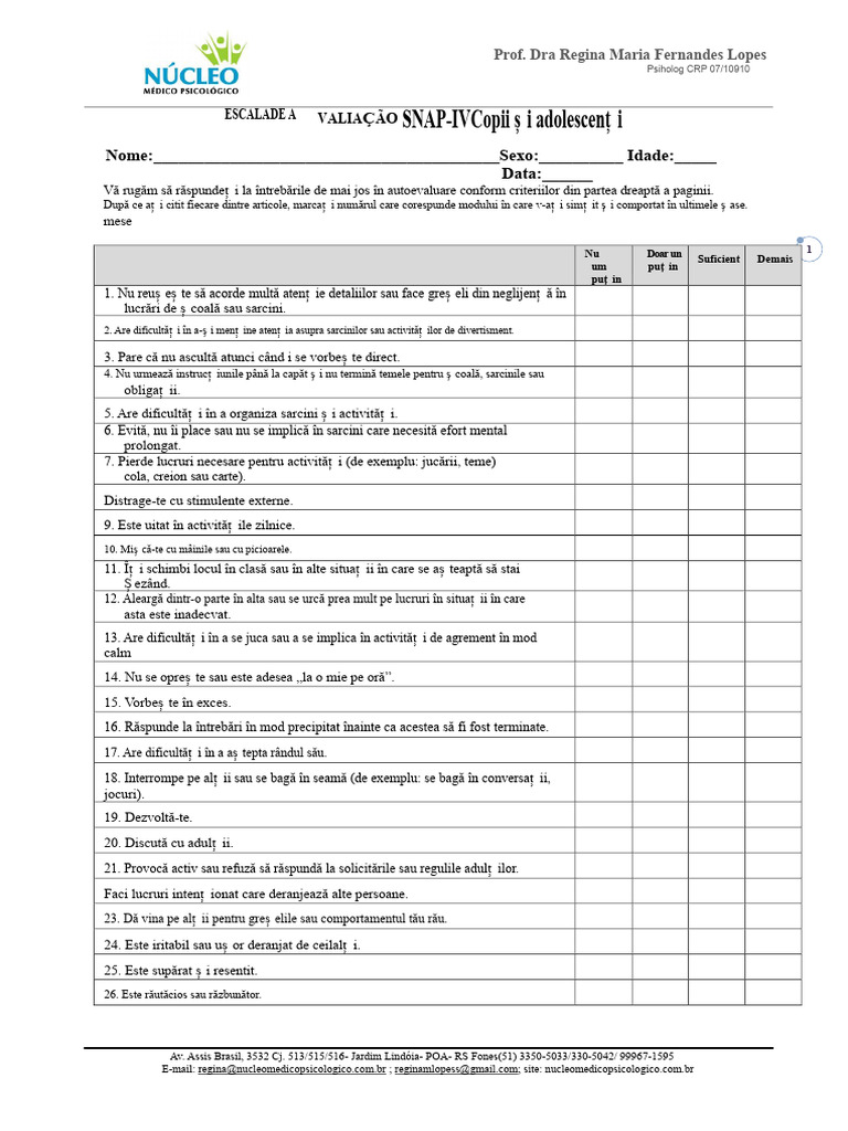SNAP-IV - Chestionar ADHD | PDF