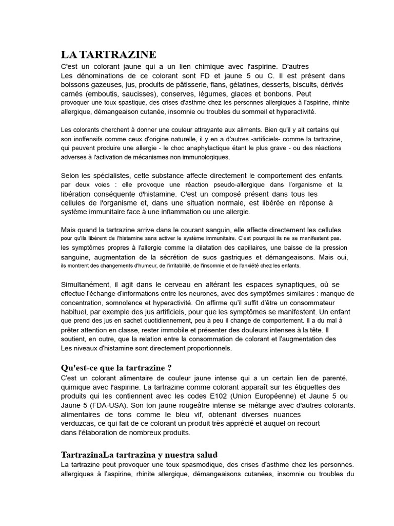 Tartrazine : Risques pour la santé des enfants | PDF | Allergie ...