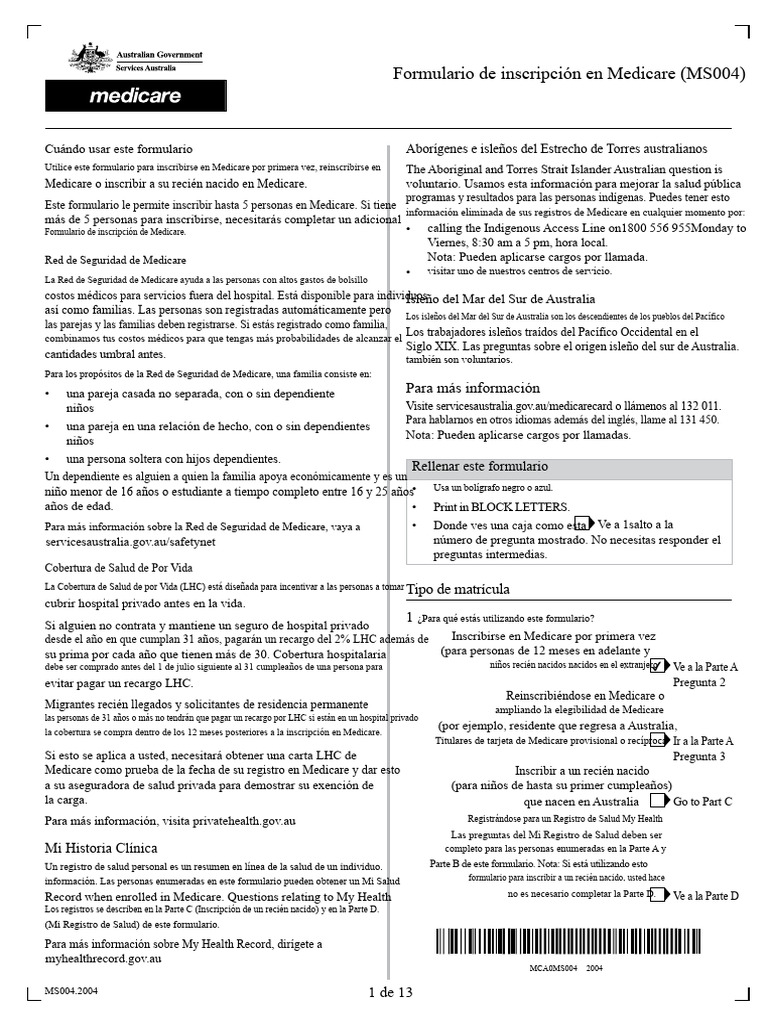Formulario de Inscripción de Medicare (MS004) PDF | PDF | Medicare ...