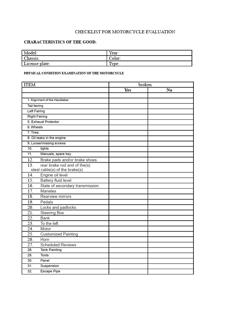 Check List For Motorcycle Evaluation | PDF