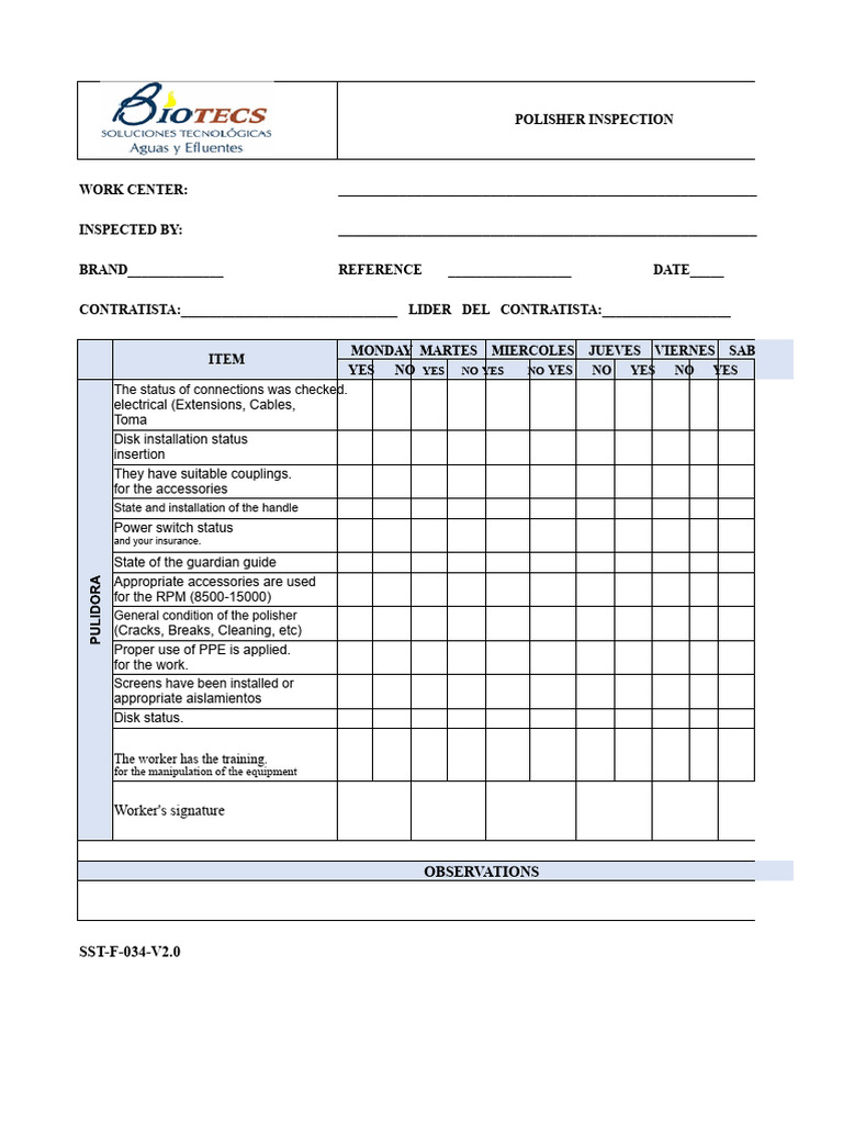 SST-F-034 V2 Polisher Inspection Form | PDF