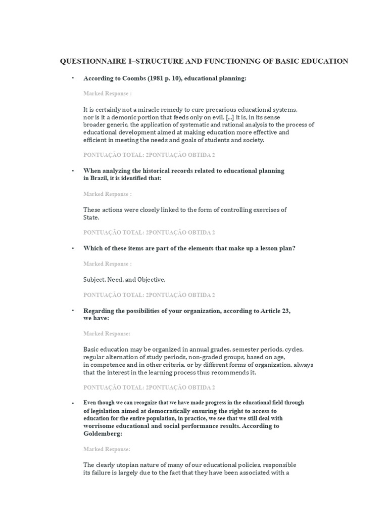 Questionnaire I - Structure and Functioning of Basic Education | PDF ...