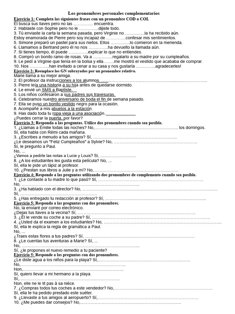 Los Pronombres Personales Complementarios Ejercicios | PDF