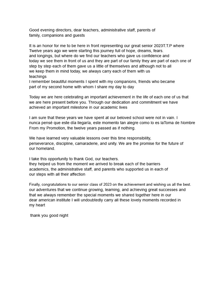 Senior Class 2023 Graduation Speech | PDF