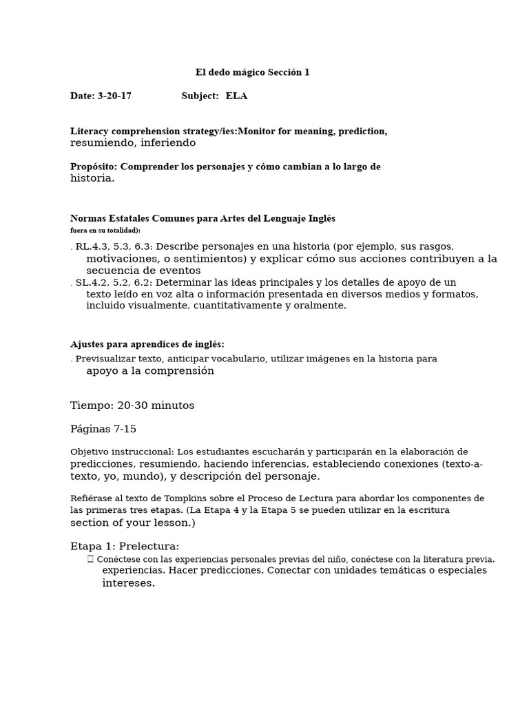 Plan de Lección Del Dedo Mágico 1 | PDF