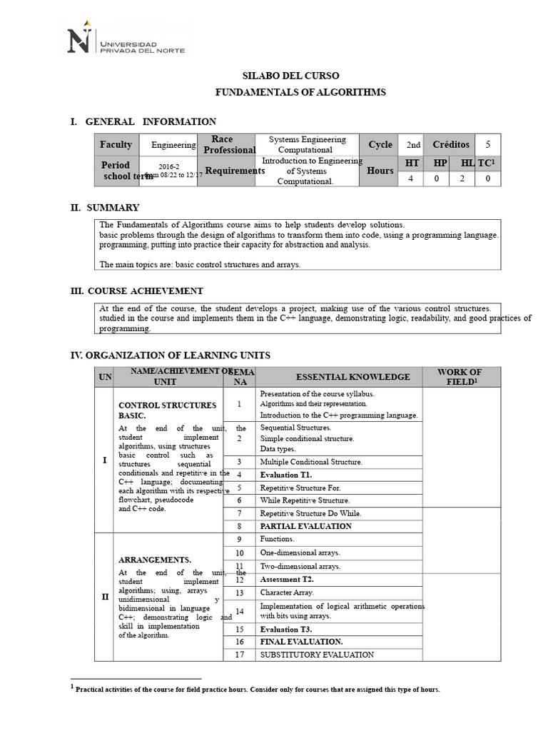 Fundamentals of Algorithms Course Syllabus | PDF | Computer Programming ...