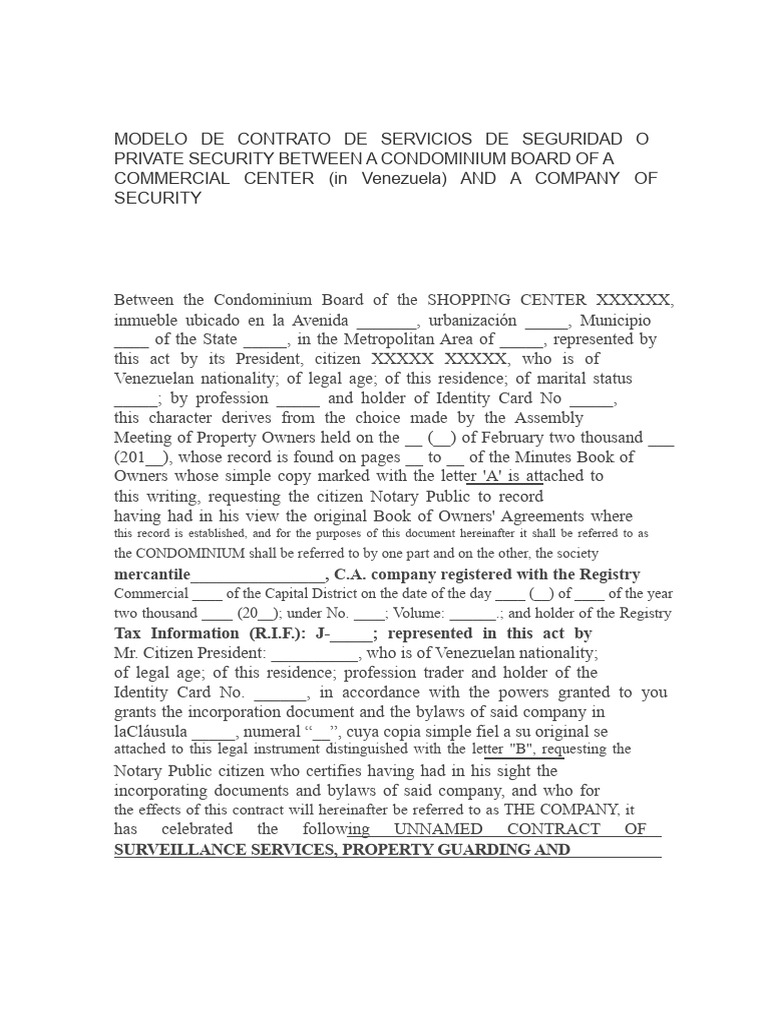 Model Contract For Security or Private Surveillance Services Between A ...