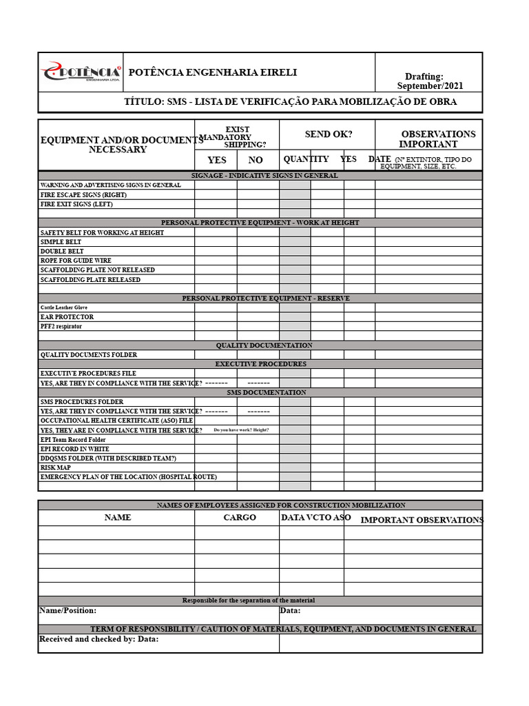 SMS - Work Mobilization Checklist | PDF | Personal Protective Equipment ...